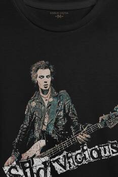 Siyah Unisex Tshirt Sid Vicious Sex Pistols Bass Guitar Music Punk Baskili Tisort