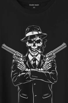 Skeleton Gangster Revolvers Suit Tabanca Baskılı Tişört Unisex T-Shirt