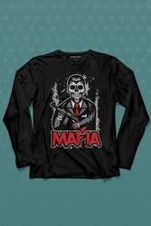 Skull Ganster Mafia Temalı Silahlı Adam Uzun Kollu Tişört Baskılı T-Shirt - Thumbnail