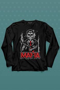 Skull Ganster Mafia Temalı Silahlı Adam Uzun Kollu Tişört Baskılı T-Shirt