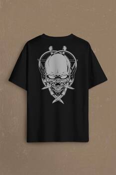 Skull Knife Illustration Kuru Kafa Bıçak Çakı Sırt Ön Baskılı Oversize Tişört Unisex T-Shirt