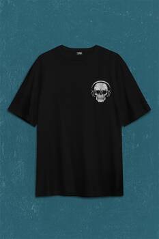 Skull Kuru Kafa Kulaklık Listen Music Baskılı Oversize Tişört Unisex T-Shirt