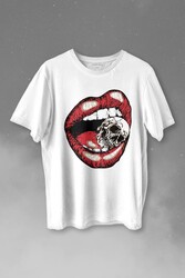 Skull Kuru Kafa Wampir Dudak Kadın Dudağı Baskılı Tişört Unisex T-shirt - Thumbnail