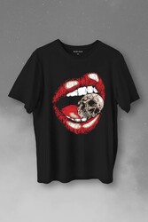 Skull Kuru Kafa Wampir Dudak Kadın Dudağı Baskılı Tişört Unisex T-Shirt - Thumbnail