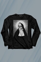 Skull Rahibe Kuru Kafa Gothic Dark Uzun Kollu Tişört Baskılı T-Shirt - Thumbnail