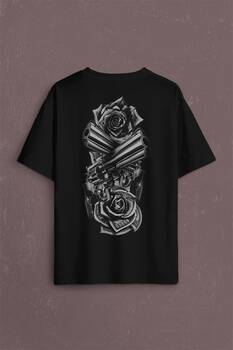 Smith Wesson Revolver Gungs Tabanca Gül Beyaz Sırt Ön Baskılı Oversize Tişört Unisex T-Shirt