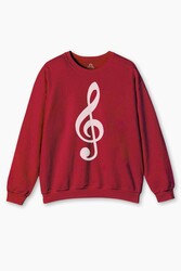 Sol Anahtarı Müzik Nota Es Gitar Saz Bağlama Baskılı Sweat Kırmızı Sweatshirt - Thumbnail