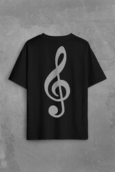 Sol Anahtarı Müzik Nota Es Gitar Saz Bağlama Sırt Ön Baskılı Oversize Tişört Unisex T-Shirt - Thumbnail