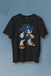 Sonic The Hedgehog Boom Cartoon Sonic Baskılı Siyah T-shirt Unisex Tişört - Thumbnail