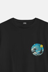 Starry Night Great Wave Hokusai Van Gogh Art Painting Sanat Minimal Baskılı Siyah Oversize T-shirt - Thumbnail