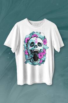 Sugar Skull Skeleton Rose Kuru Kafa Gül Baskılı Tişört Unisex T-shirt