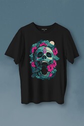 Sugar Skull Skeleton Rose Kuru Kafa Gül Baskılı Tişört Unisex T-Shirt - Thumbnail