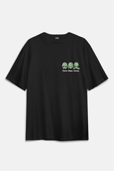 Three Wise Aliens Ufo Mars Uzay Kozmos Minimal Baskılı Siyah Oversize T-shirt - Thumbnail