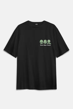 Three Wise Aliens Ufo Mars Uzay Kozmos Minimal Baskılı Siyah Oversize T-shirt