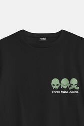 Three Wise Aliens Ufo Mars Uzay Kozmos Minimal Baskılı Siyah Oversize T-shirt - Thumbnail