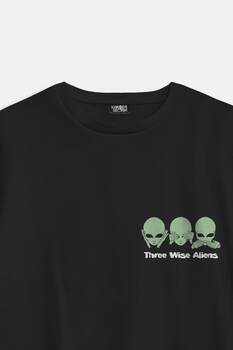 Three Wise Aliens Ufo Mars Uzay Kozmos Minimal Baskılı Siyah Oversize T-shirt