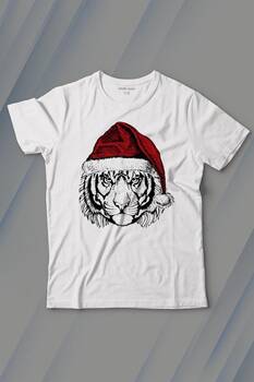 Tiger Wild Cat Kaplan Fesli Noel Şapkalı Yılbaşı Christmas Baskılı Tişört Çocuk T-shirt