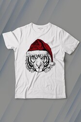 Tiger Wild Cat Kaplan Fesli Noel Şapkalı Yılbaşı Christmas Baskılı Tişört Çocuk T-shirt - Thumbnail