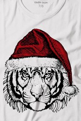 Tiger Wild Cat Kaplan Fesli Noel Şapkalı Yılbaşı Christmas Baskılı Tişört Çocuk T-shirt - Thumbnail