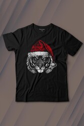 Tiger Wild Cat Kaplan Fesli Noel Şapkalı Yılbaşı Christmas Baskılı Tişört Çocuk T-shirt - Thumbnail