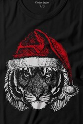 Tiger Wild Cat Kaplan Fesli Noel Şapkalı Yılbaşı Christmas Baskılı Tişört Çocuk T-shirt - Thumbnail