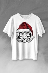 Tiger Wild Cat Kaplan Fesli Noel Şapkalı Yılbaşı Christmas Baskılı Tişört Unisex T-shirt - Thumbnail