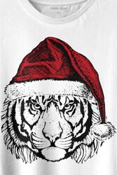 Tiger Wild Cat Kaplan Fesli Noel Şapkalı Yılbaşı Christmas Baskılı Tişört Unisex T-shirt - Thumbnail