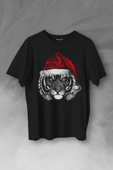 Tiger Wild Cat Kaplan Fesli Noel ŞapkAli Yılbaşı Christmas Baskılı Tişört Unisex T-Shirt