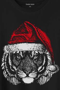 Tiger Wild Cat Kaplan Fesli Noel ŞapkAli Yılbaşı Christmas Baskılı Tişört Unisex T-Shirt