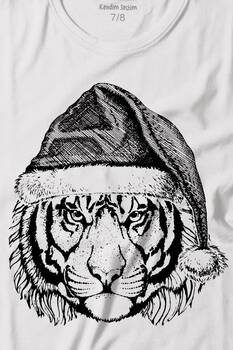 Tiger Wild Cat Kaplan Fesli Noel Yılbaşı Christmas Baskılı Tişört Çocuk T-shirt