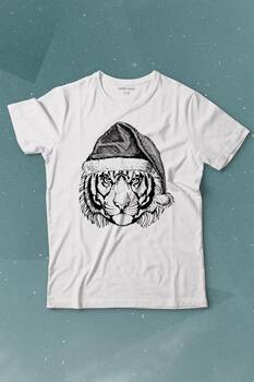 Tiger Wild Cat Kaplan Fesli Noel Yılbaşı Christmas Baskılı Tişört Çocuk T-shirt