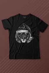 Tiger Wild Cat Kaplan Fesli Noel Yılbaşı Christmas Baskılı Tişört Çocuk T-shirt - Thumbnail