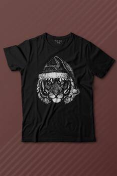 Tiger Wild Cat Kaplan Fesli Noel Yılbaşı Christmas Baskılı Tişört Çocuk T-shirt