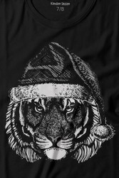 Tiger Wild Cat Kaplan Fesli Noel Yılbaşı Christmas Baskılı Tişört Çocuk T-shirt - Thumbnail