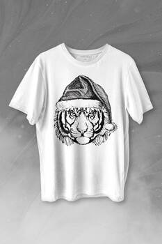 Tiger Wild Cat Kaplan Fesli Noel Yılbaşı Christmas Baskılı Tişört Unisex T-shirt