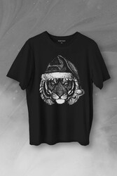 Tiger Wild Cat Kaplan Fesli Noel Yılbaşı Christmas Baskılı Tişört Unisex T-Shirt - Thumbnail