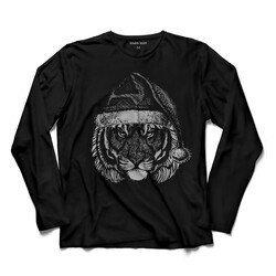 Siyah Uzun Kollu Tişört Kaplan Tiger Cat Beyaz Şapkalı Yılbaşı Noel Baskılı Uzun Kollu T-shirt - Thumbnail