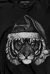 Siyah Uzun Kollu Tişört Kaplan Tiger Cat Beyaz Şapkalı Yılbaşı Noel Baskılı Uzun Kollu T-shirt - Thumbnail