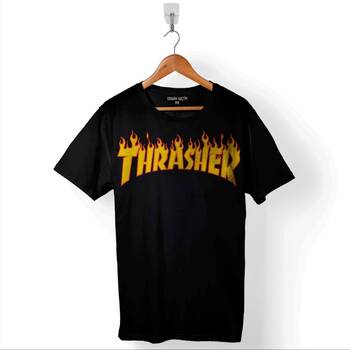 Trasher Logo Flame Blaze Skateboard Hip Hop Baskılı Tişört Unisex T-Shirt