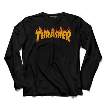 TRASHER LOGO FLAME BLAZE SKATEBOARD HIP HOP UZUN KOLLU TİŞÖRT