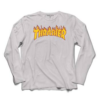 TRASHER LOGO FLAME BLAZE SKATEBOARD HIP HOP UZUN KOLLU TİŞÖRT