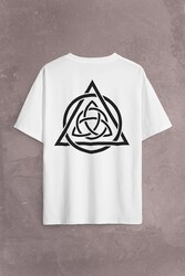 Triquetra Triangle Yaşam Ölüm Yeniden Başlangıç Logo Sırt Ön Baskılı Oversize Tişört Unisex T-Shirt - Thumbnail