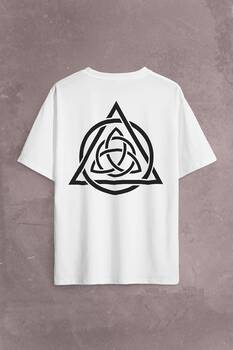 Triquetra Triangle Yaşam Ölüm Yeniden Başlangıç Logo Sırt Ön Baskılı Oversize Tişört Unisex T-Shirt