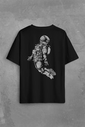 Uçan Astronot Uzay Yolculuğu Cosmos Galaksi Sırt Ön Baskılı Oversize Tişört Unisex T-Shirt - Thumbnail