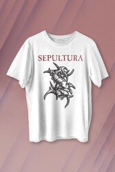 Unisex Beyaz T-shirt Sepultura Cavalera Metal Rock Music Brazil Müzik Baskılı Tişört - Thumbnail