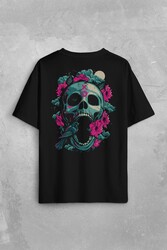 Unisex Sugar Skull Skeleton Rose Kuru Kafa Gül Sırt Ön Baskılı Oversize Tişört Unisex T-Shirt - Thumbnail