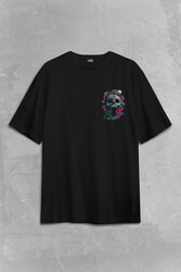 Unisex Sugar Skull Skeleton Rose Kuru Kafa Gül Sırt Ön Baskılı Oversize Tişört Unisex T-Shirt - Thumbnail