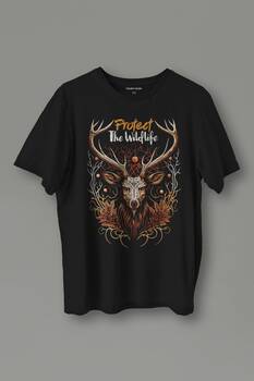 Unisex T-shirt Protect The Wildlife The Deer Nature Outdoor Doğa Geyik Siyah Baskılı Tişört