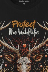 Unisex T-shirt Protect The Wildlife The Deer Nature Outdoor Doğa Geyik Siyah Baskılı Tişört - Thumbnail