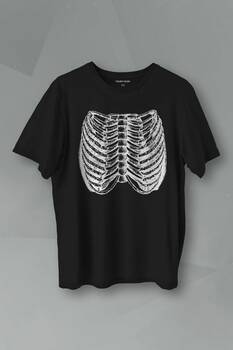 Unisex T-shirt Ripcage Skeleton İskelet Chest X-ray Halloween Siyah Baskılı Tişört